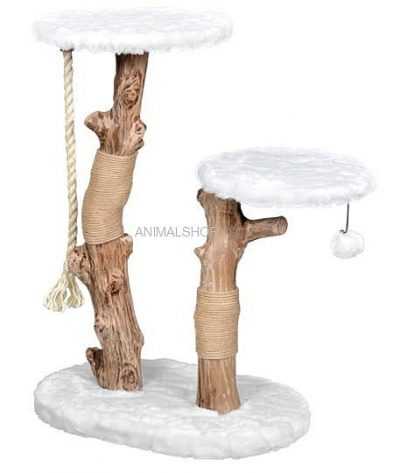 פטקס מתקן גירוד לחתולים עץ מלא ופרווה לבנה גובה 86-76 ס"מ HY18336