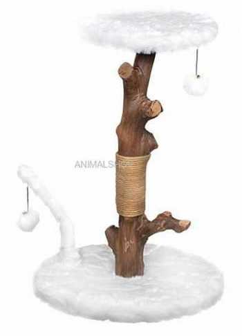 פטקס מתקן גירוד לחתולים עץ מלא ופרווה לבנה גובה 76-66 ס"מ HY18335